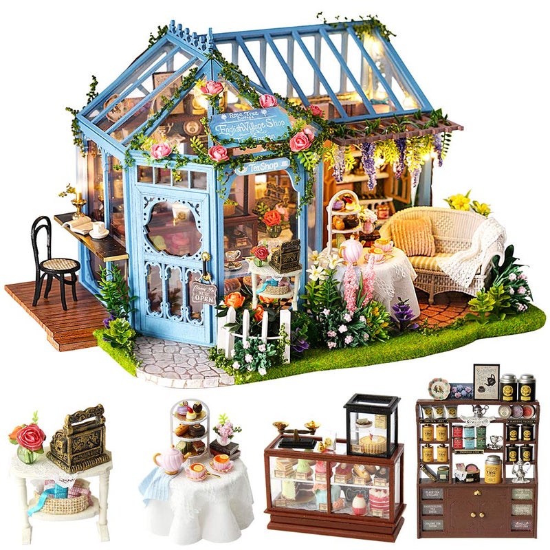 CUTEBEE Dollhouse Miniature House with Furniture, DIY Dollhouse Kit with Dust Proof, Music Movement, 1:24 Scale Creative Room for Gift for Family (Rose Garden Tea House) - Image 1